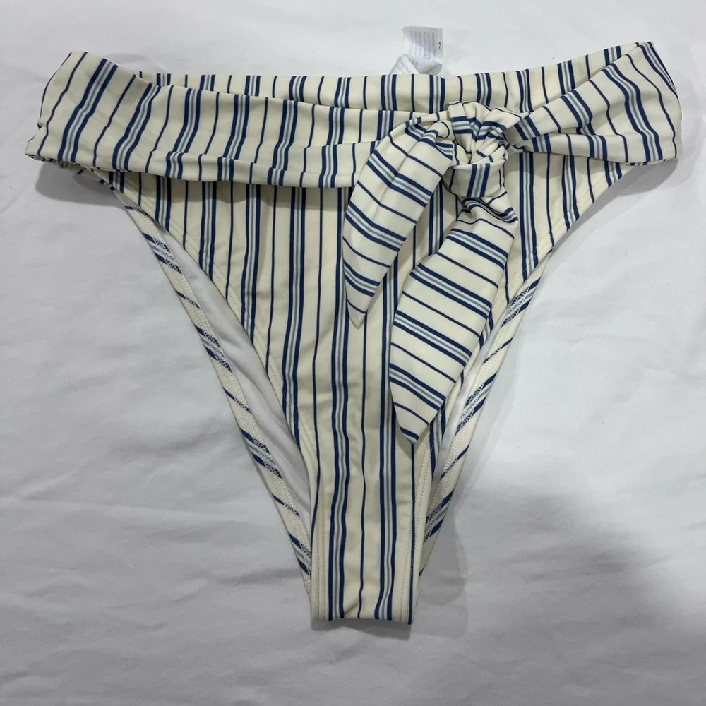 Abercrombie & Fitch High Waisted Bikini Bottoms Ivory Blue Stripe Size Medium